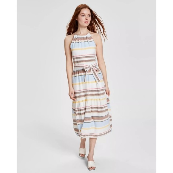 DKNY Women’s Cotton Halter-Neck Midi Belt Dress Ivory Multicolor Size 4 NWT $139 - Picture 1 of 11
